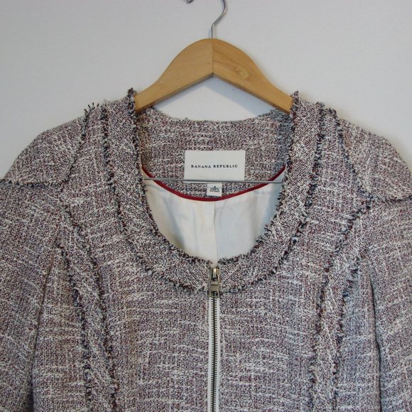 Banana Republic Tweed Linen Blend Jacket Blazer Fringe Collarless Size 4 - Picture 2 of 16
